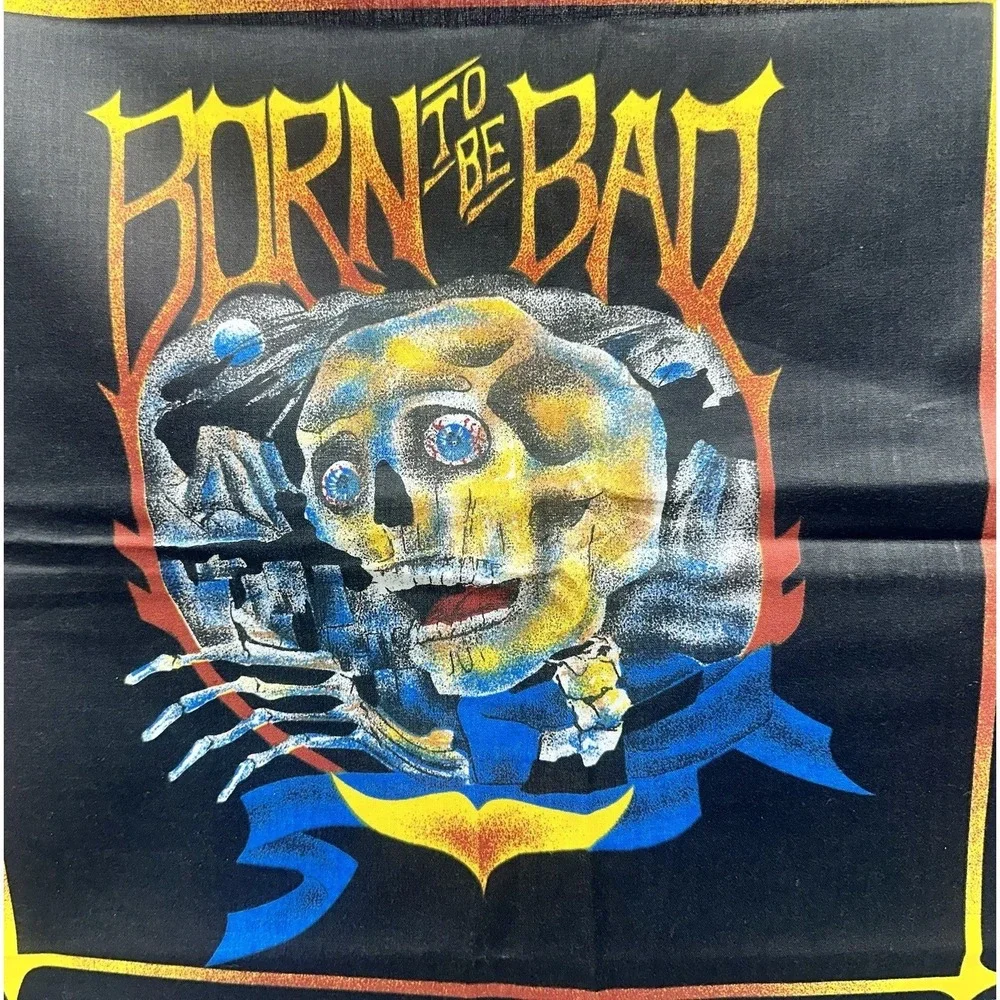 VINTAGE SKULL BORN TO BE BAD BIKER MACABRE BANDANA 24 X 23 MADE IN USA HARLEY